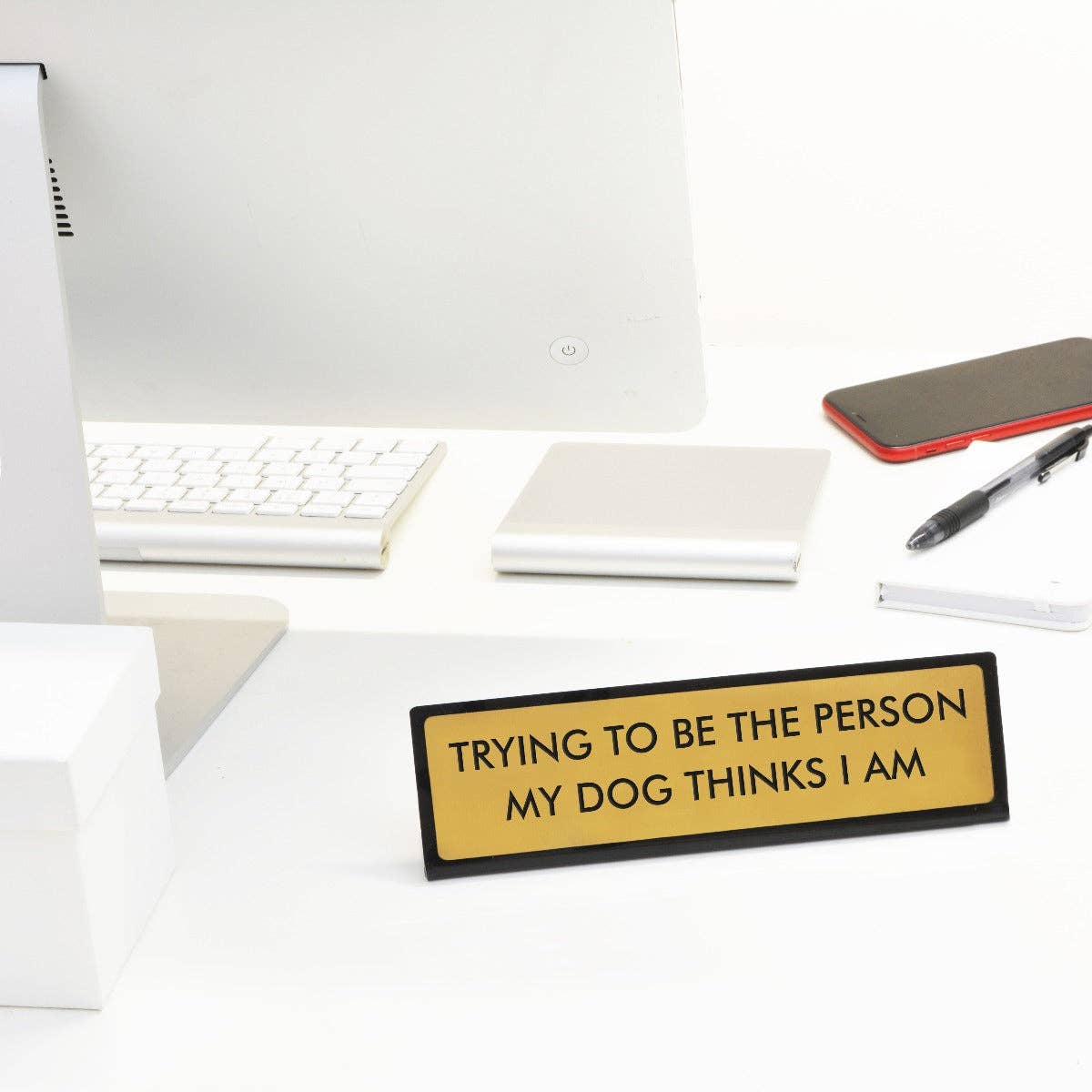 Plaque de bureau "Trying to Be the Person My Dog Thinks I Am"