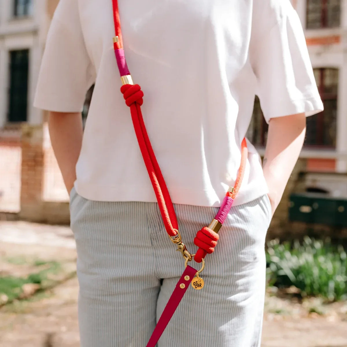 Laisse multi-positions 240cm Bi-matière magenta / rouge
