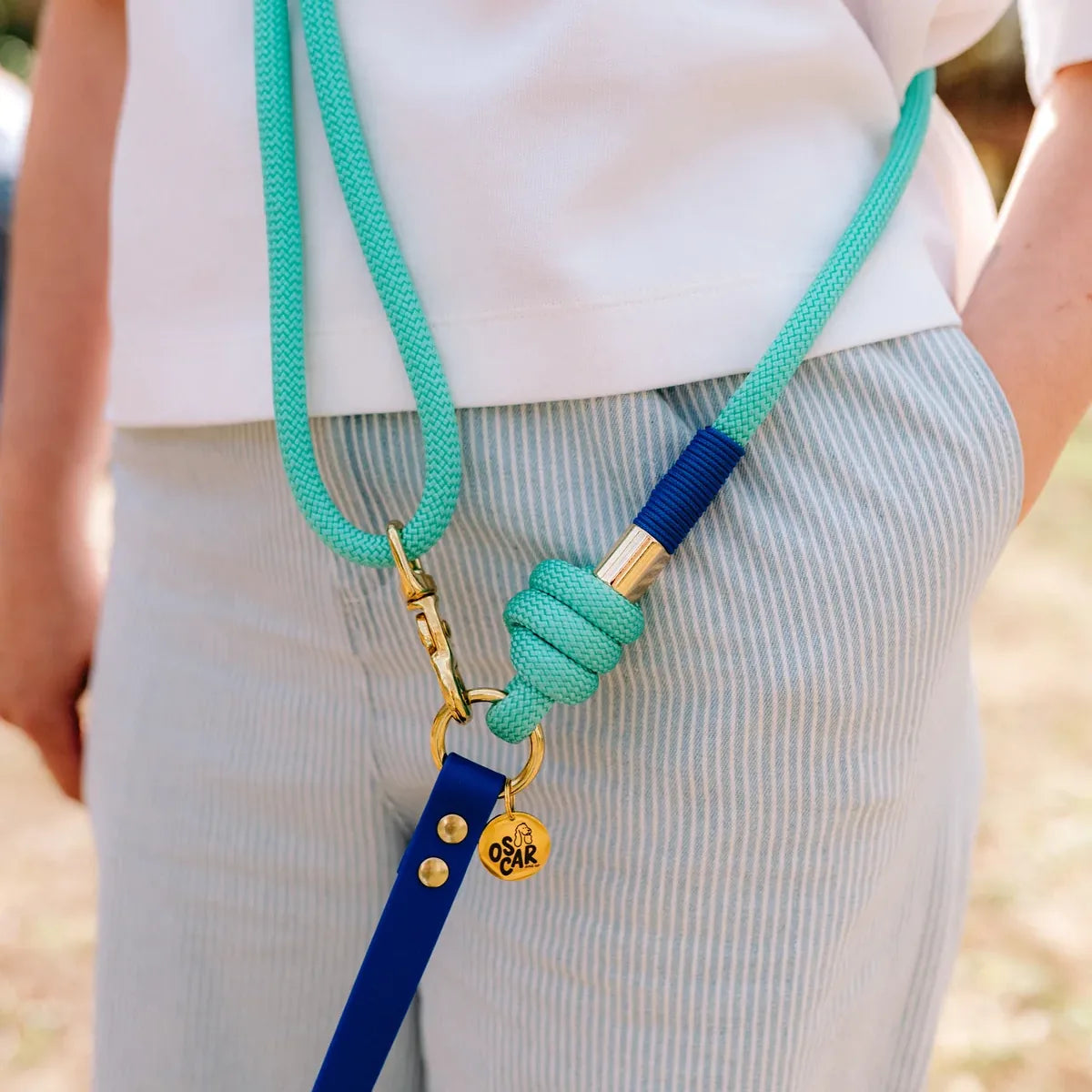 Laisse multi-positions 240cm Bi-matière bleu roi / menthe