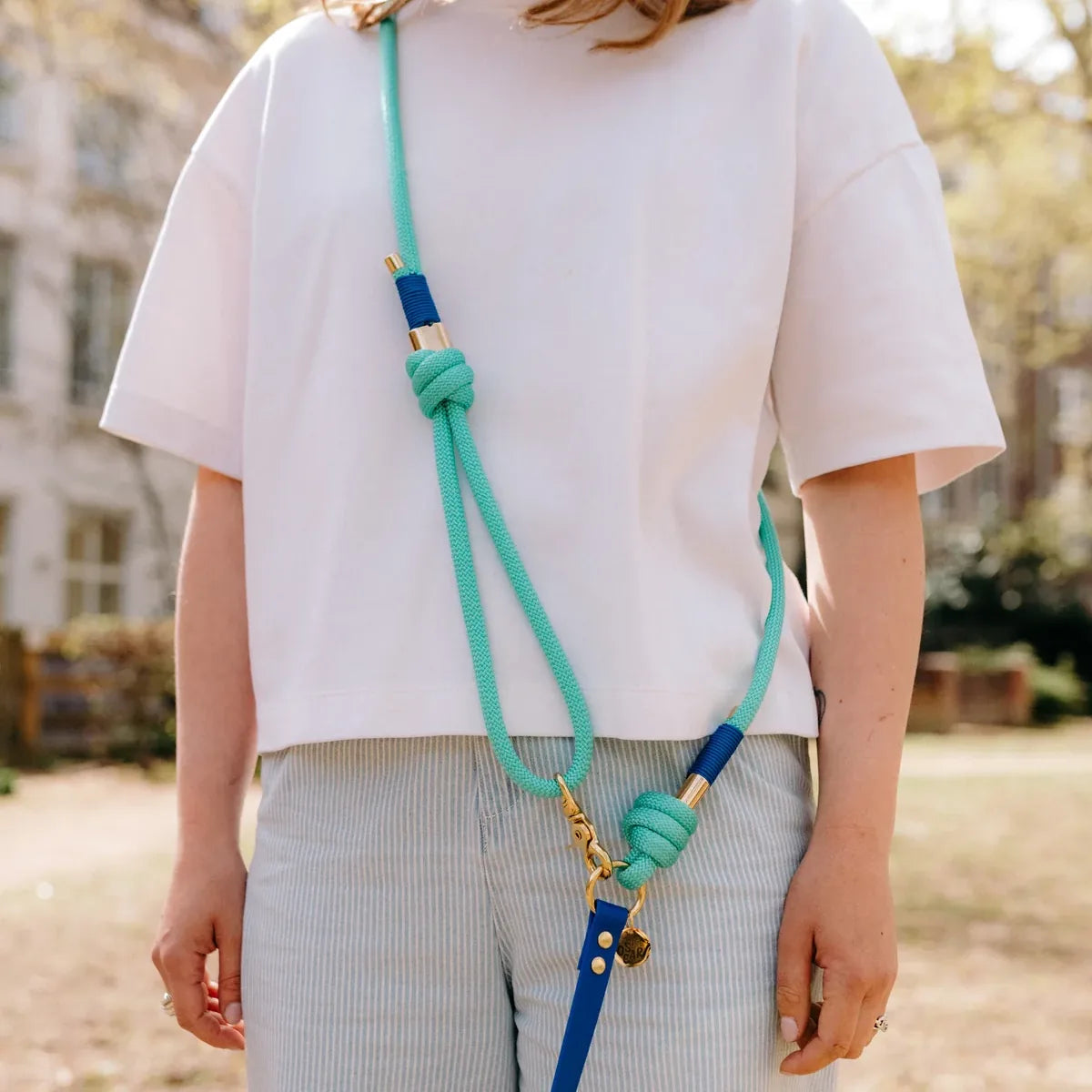 Laisse multi-positions 240cm Bi-matière bleu roi / menthe